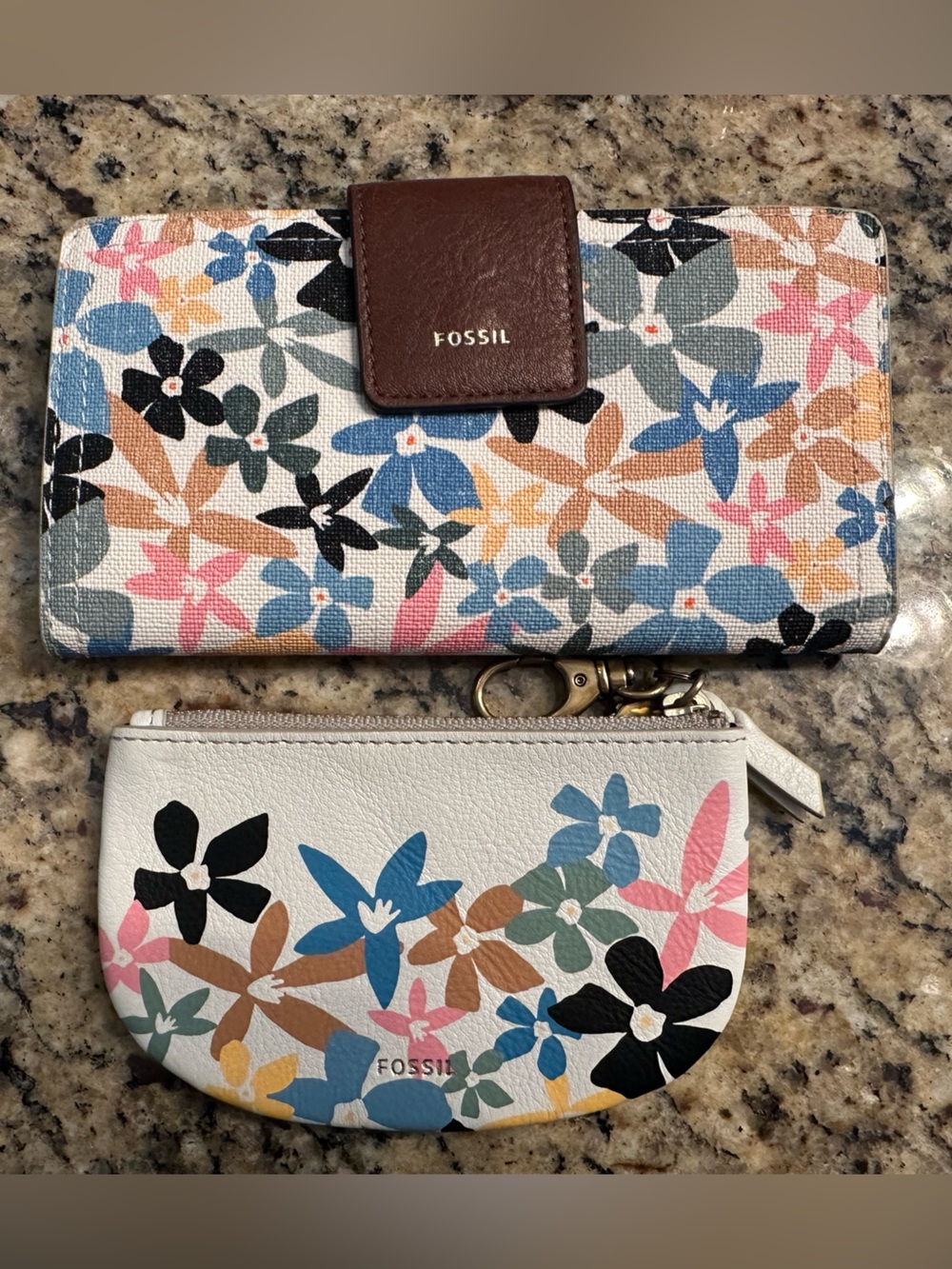Fossil Floral Wallet and Coin Pouch in Blue, Pink, Tan, Black & White
